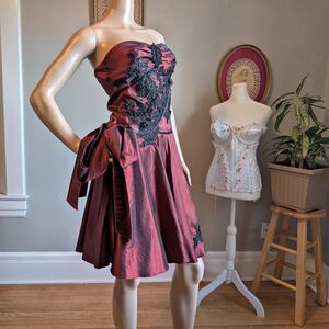 Vintage Y2K Teeze Me Midi Dress Burgdundy Beaded Gothic Upcycled Jrs Size 3